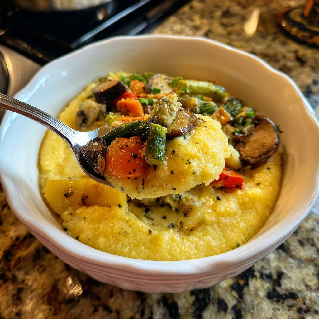 Abendessen mit cremiger Polenta und Gemüse