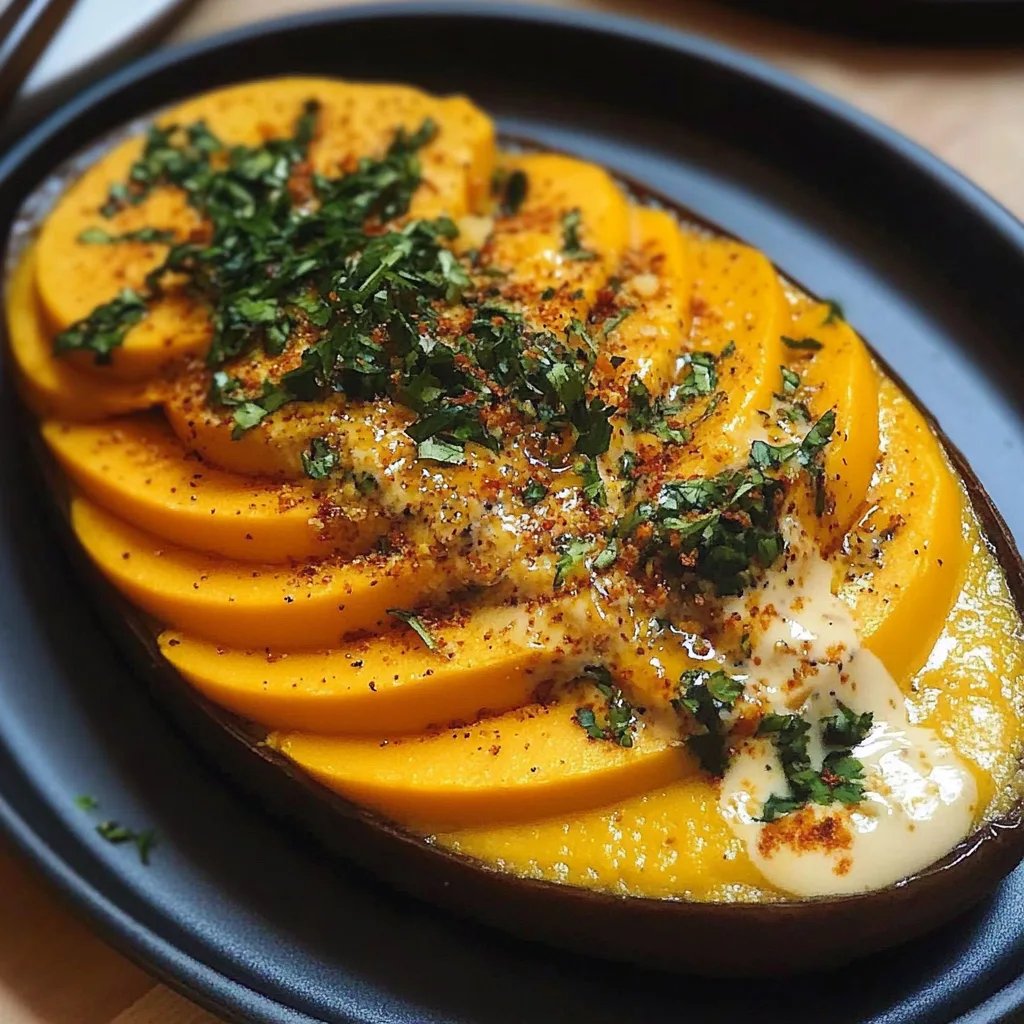 Gebackener Butternut-Kürbis auf Curry-Feta-Honig-Creme und Knoblauchbrot