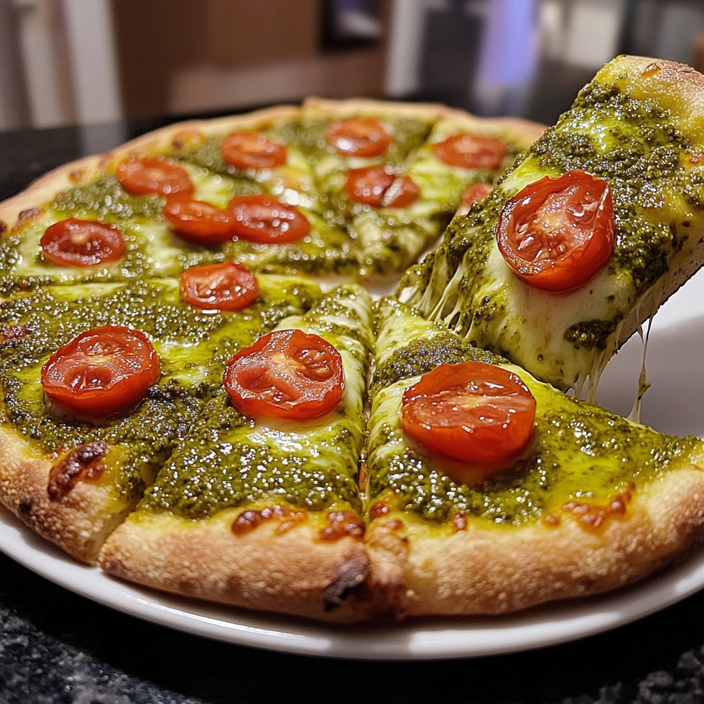 Pizza mit Pesto und Kirschtomaten