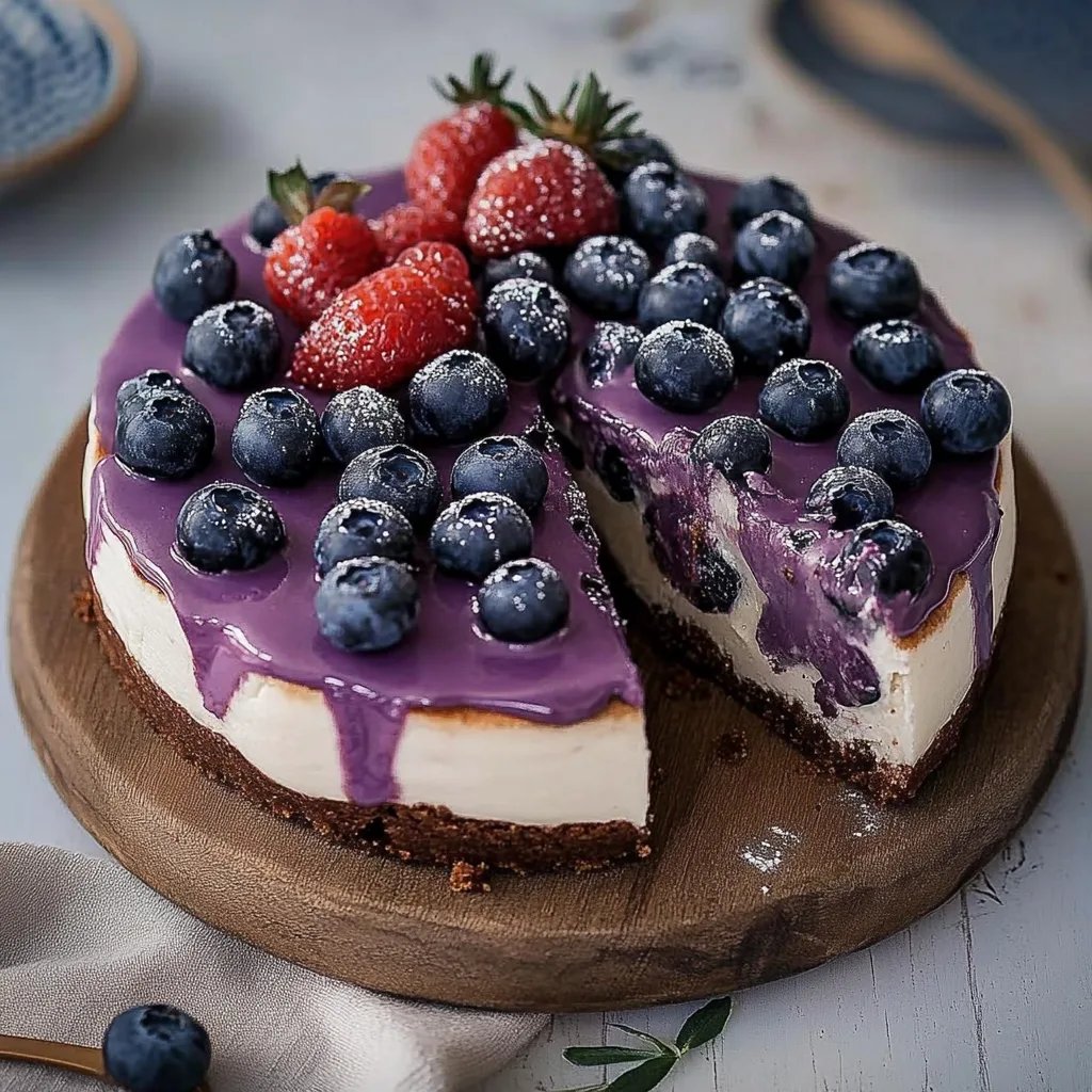 Stracciatella-Maqui-Beeren-Käsekuchen mit weißer Schokolade