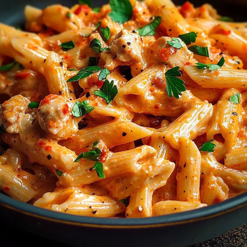 Nudeln mit Hähnchen in cremiger Paprikasoße