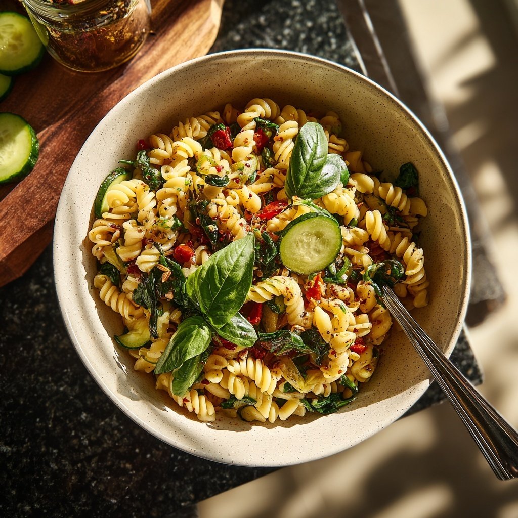 Mediterraner Nudelsalat Mit Spinat